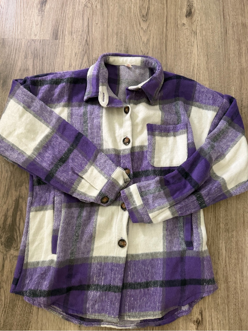Womens Plaid Button-Up Shirt Jacket in Purple and Cream